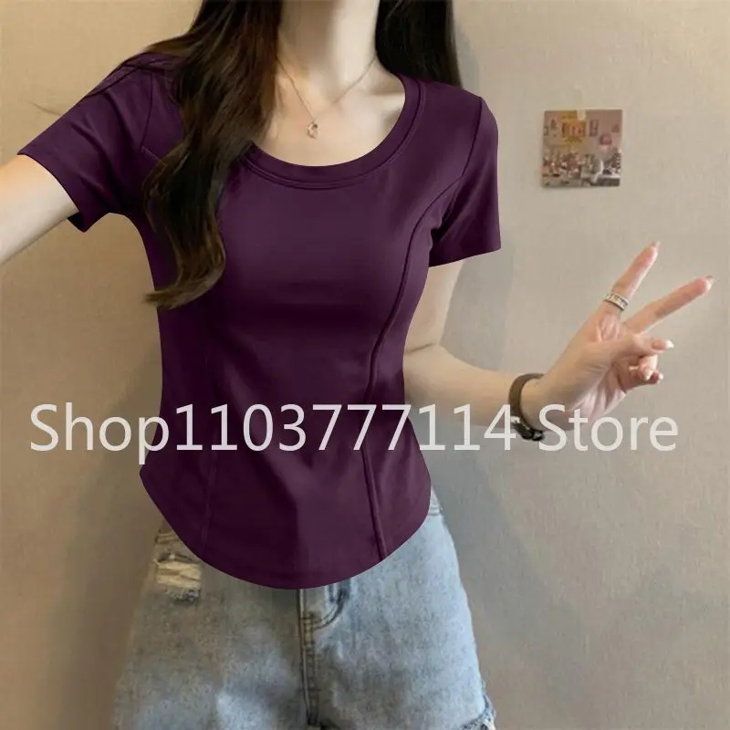 Damen Sommer Kurzarm-Oberteil für Mode Vielseitiges Basis-Shirt Slim Fit Einfarbig Rundhals T-Shirt Lässige und Sexy Kleidung – Detail 7