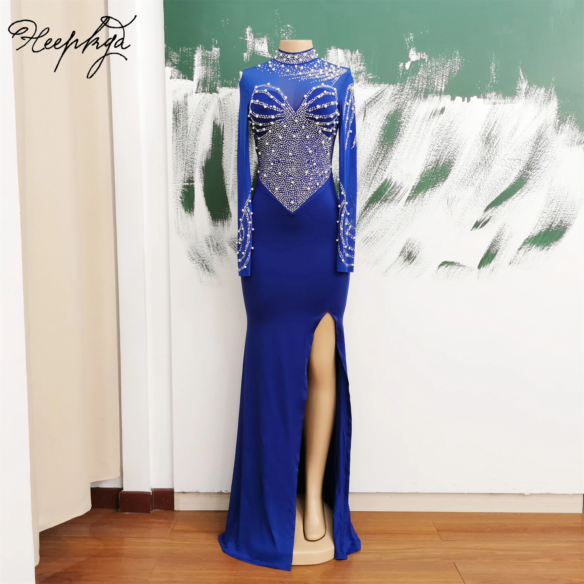 Long Mermaid Royal Blue Evening Dress With Split High Neck Full Sleeves Silver Crystals Luxury Special Occasion Gowns For Party