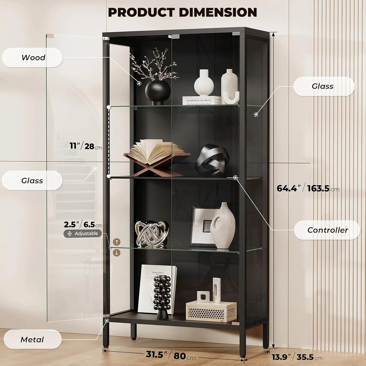 4 Tier Display Cabinet with 3 Color Light and Human Body Sensor Black