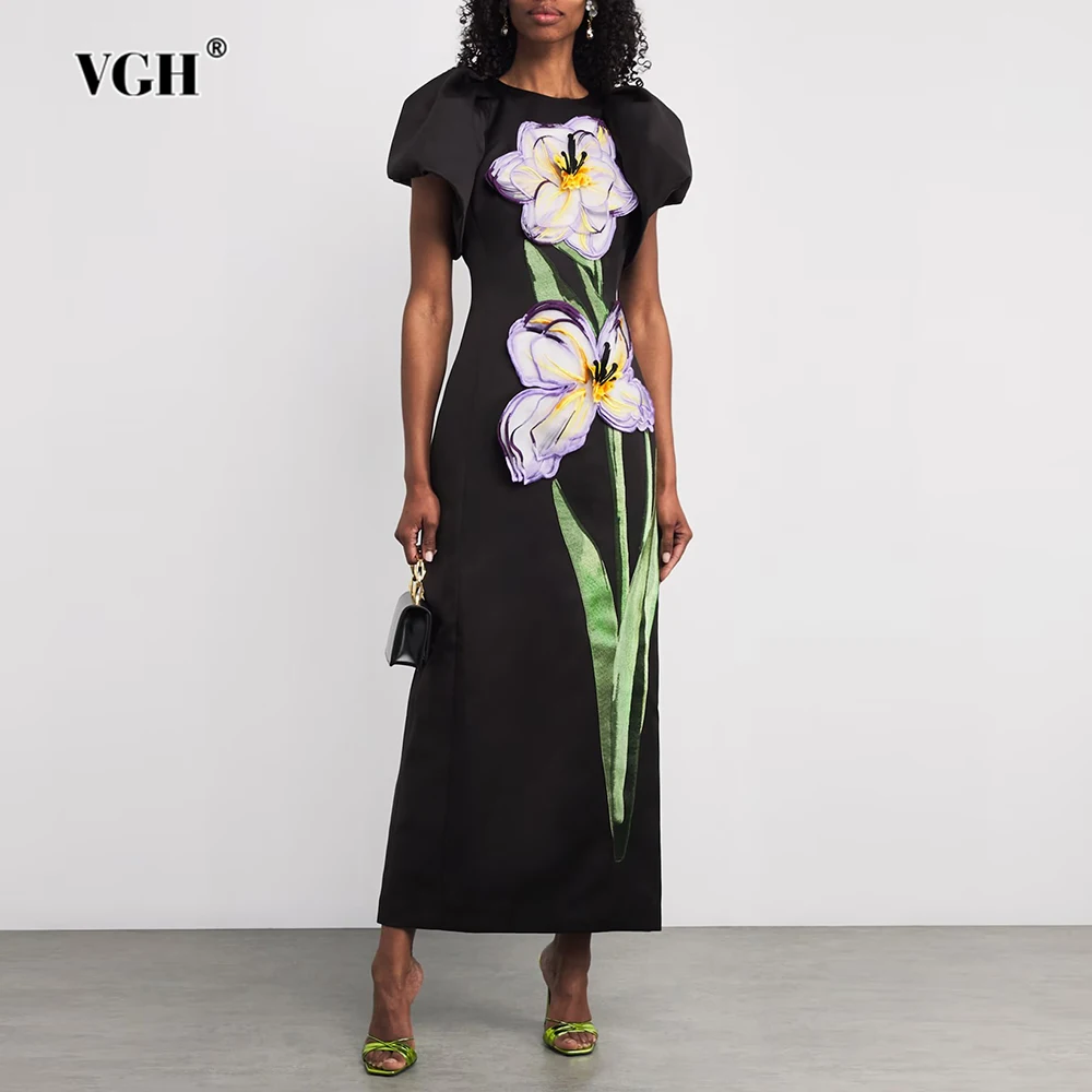 

VGH Chic Patchwork Appliques Slimming Dress for Women O Neck Puff Sleeve High Waist Temperament Long Dresses Female Fashion New