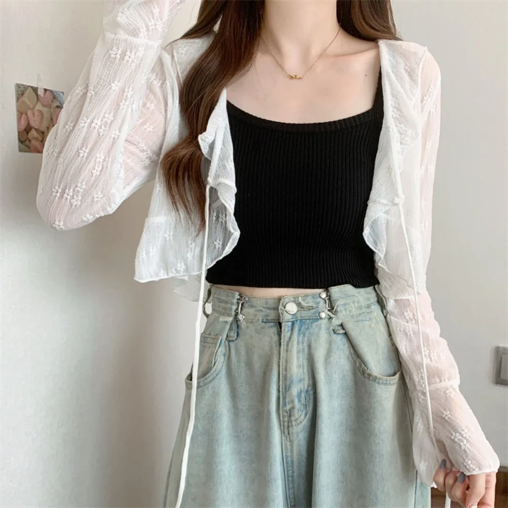 Floral Flower Thin Sunscreen Cardigan Top Ruffled Edge See Through Knitted Long Sleeves Sunscreen Top Sun Protection Shawl