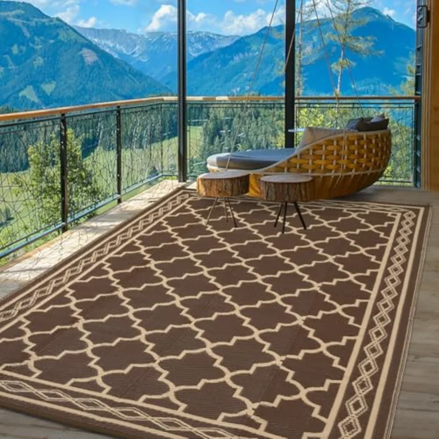 

Outdoor patio rug for deck, porch, balcony, picnic, camping, RV: waterproof plastic straw, brown, UV resistant, easy-clean, bou