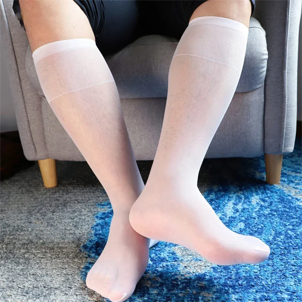 Summer Sexy Men\'s Silky Sheer Nylon Socks Ultra-thin Breathable Long Knee Stockings Clubwear Business Man Socks