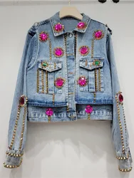 Heavy Handmade Design Rhinestone Beaded Slimming All-Matching Short Denim Jacket Women Jean Jacket Trendy 2024 Fall New Clothes