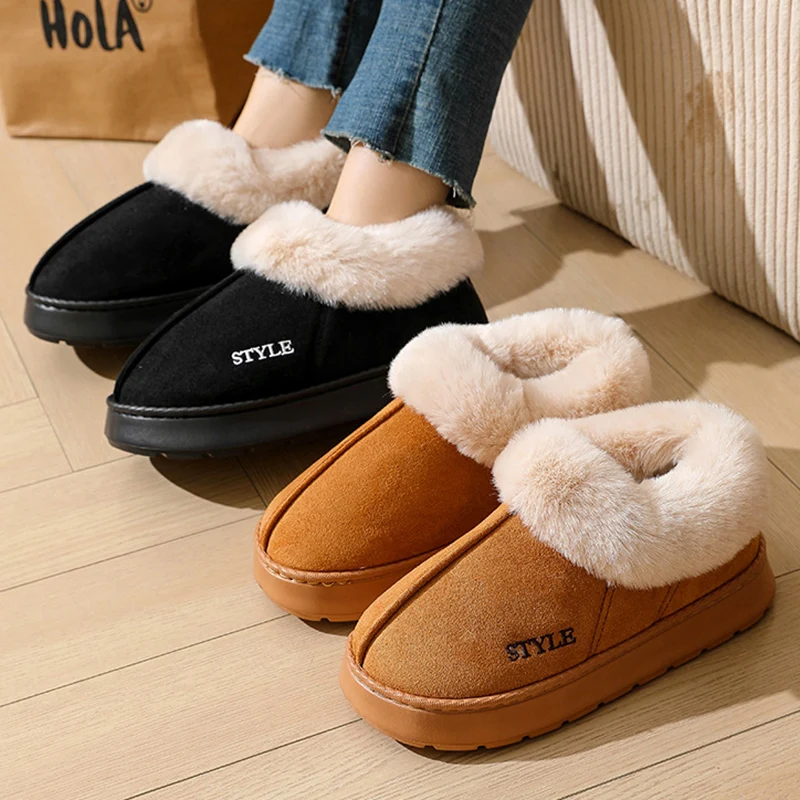 Botas de nieve de felpa gruesas antideslizantes para mujer, botas de invierno de piel con plataforma de gamuza sintética, zapatos acolchados de algodón cálidos sin cordones para mujer 45