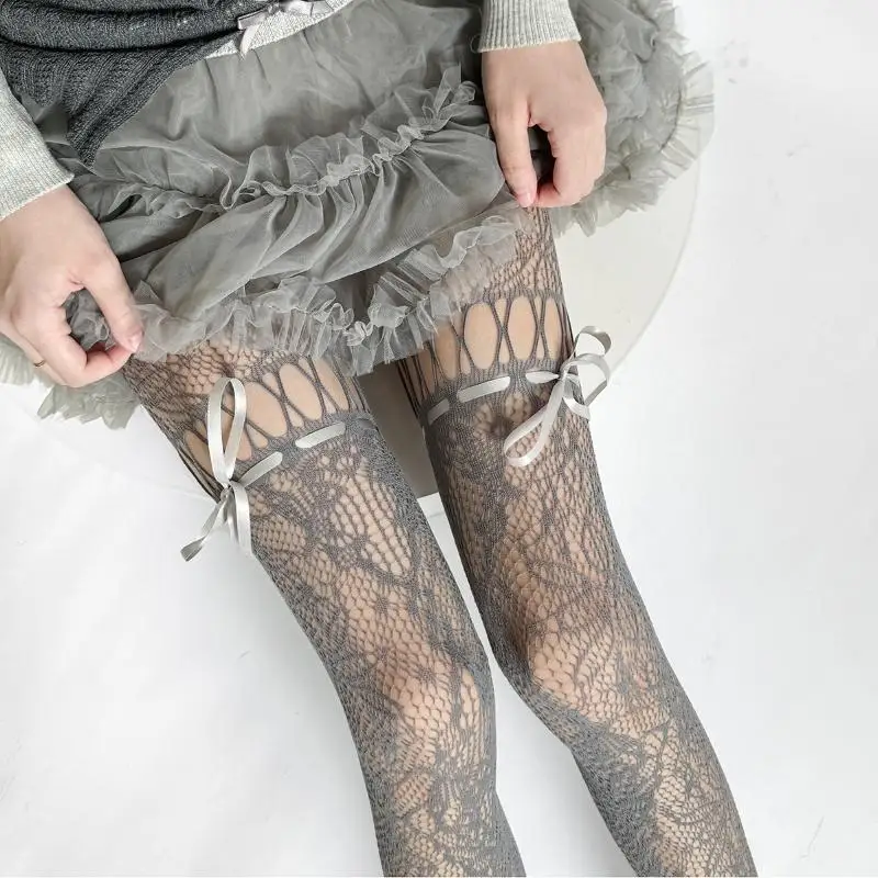 جوارب طويلة برباط على شكل فيونكة مع جوارب طويلة شبكية على الطراز الياباني القديم مجوفة Y2K جوارب لوليتا قوطية للنساء والفتيات [CC44]
