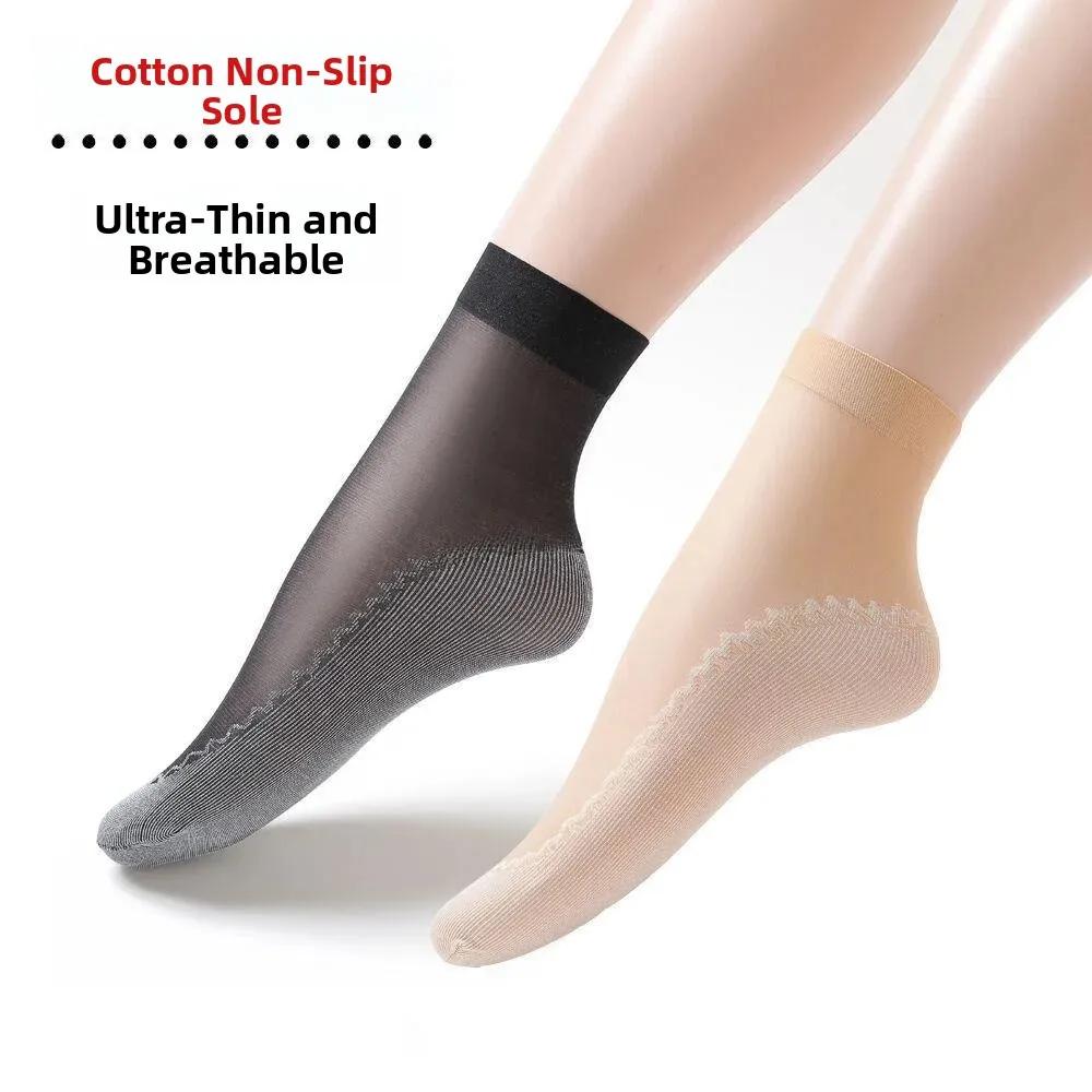 Large Size Women's Cotton Bottomed Mid-Calf Silk Stockings Thin Summer Black Meat Color Anti-Catch Hook Crystal Silk Socks