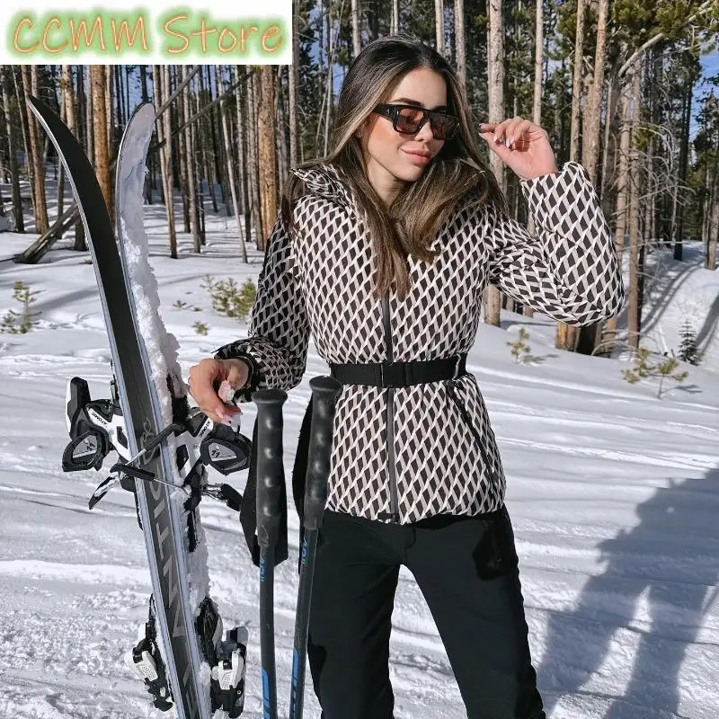Women's Windproof Ski Wear Hooded Warm Jacket High Collar Long Sleeves with Belt Thermal Jacket Winter Female Chic Overcoat