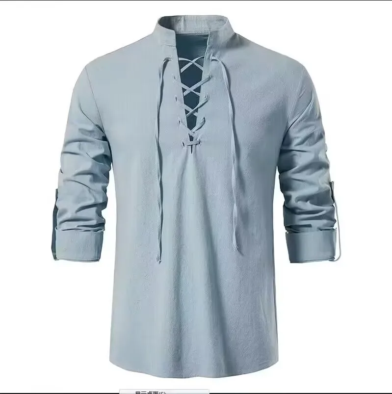 Men's Medieval Lace Up Cotton Linen Shirt Stand Collar Roll Up Long Sleeve Retro Viking Pirate Casual Tops view 5