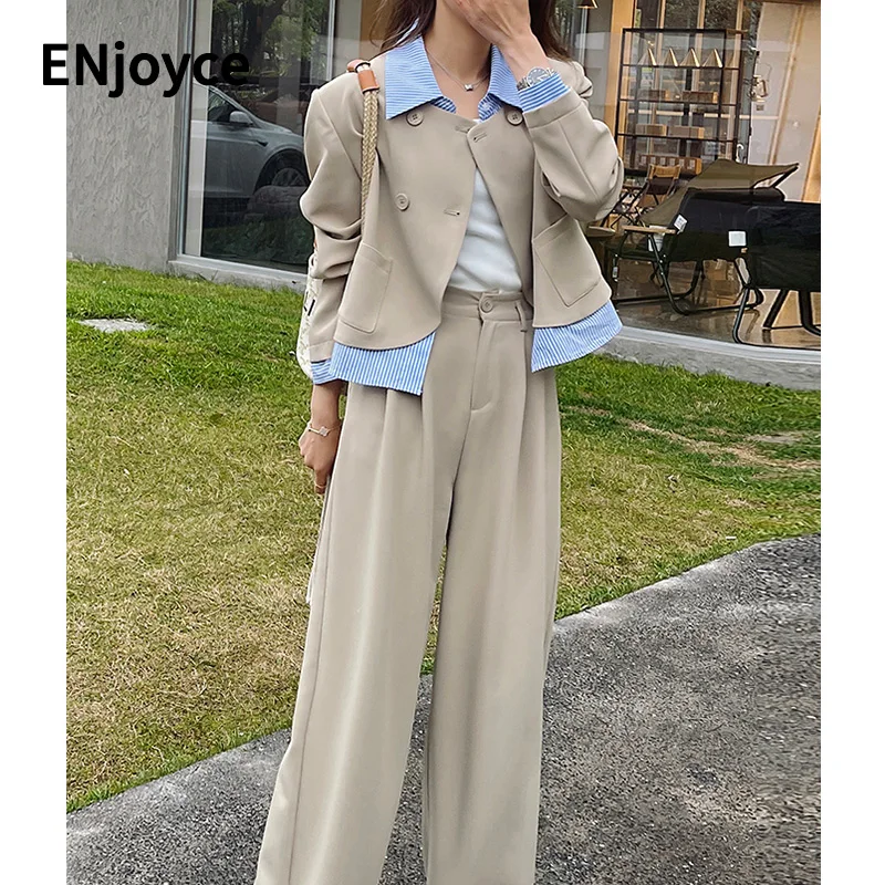 

2024 Spring Fall Women Vintage Stitching Cropped Blazer and Wide Leg Pants 2 Pieces Set Casual Suits Office Ladies Workwear