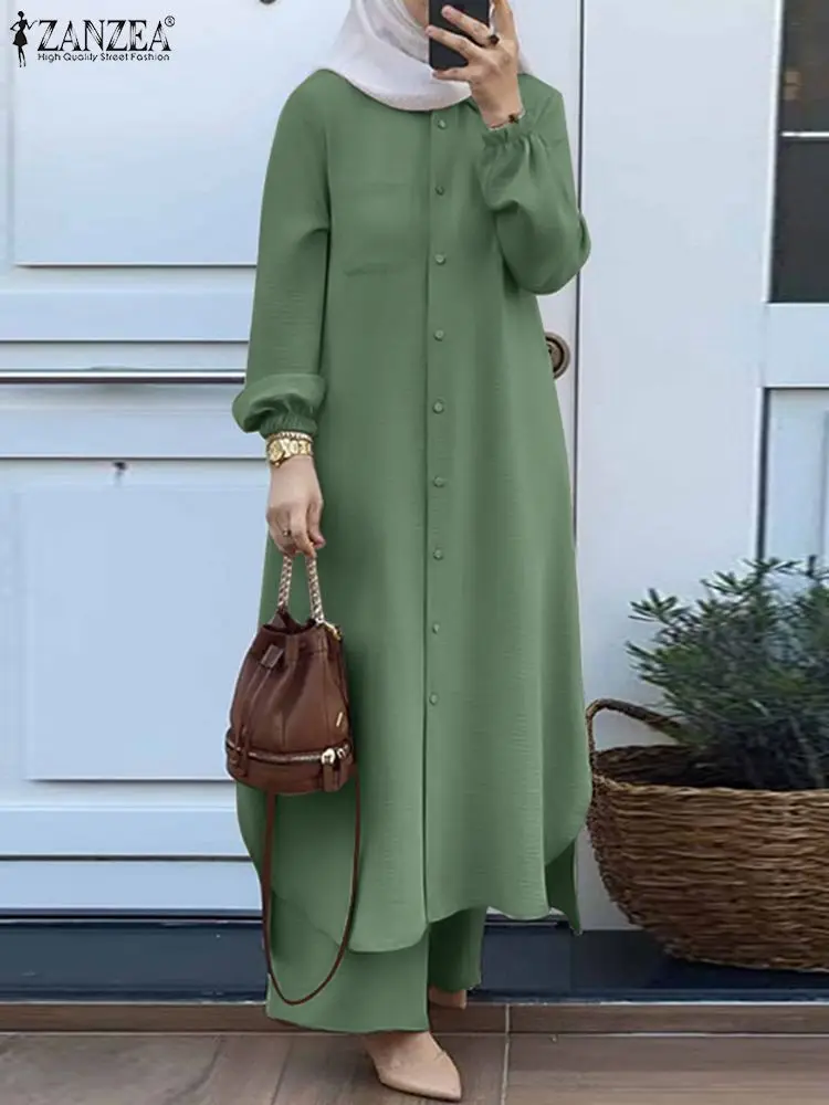 ZANZEA Vintage Muslim Suit Solid Color Lapel Neck Long Sleeve Blouse Pant Ramadan Islamic Clothing Fashion Casual Turkey Outifit