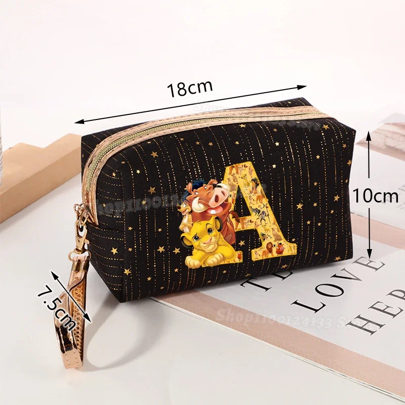 Lion King Simba Women Cosmetic Bag Girl Meteor Stamping Letter A-Z Disney Pumbaa Print Female Zipper Makeup Toiletry Storage Bag