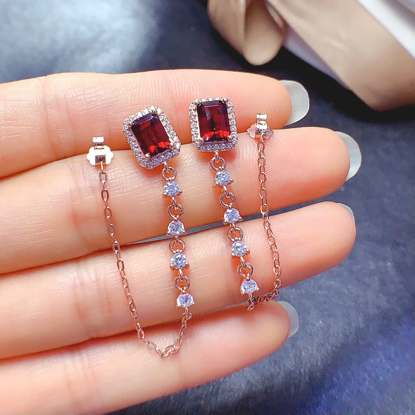 

5*7mm Natural Garnet/Citrine Long Earrings S925 Sterling Silver Certificate Fashion Fine Charm Weddings Jewelry for Women FS