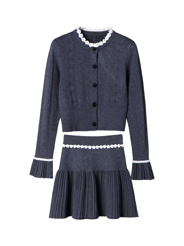 French Elegant Sweet Knitted Skirt Set Beaded Round Neck Long Sleeve Cardigan High Waist Pleated Skirts Two-Piece Set for Women