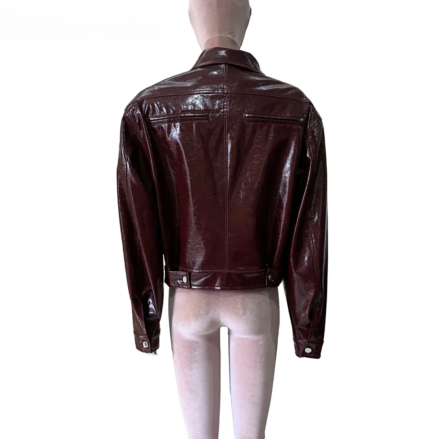 

Nerazzurri Red Plaid PU Leather Jacket Women's Short Style Shouldpad Design High Gloss Surface Commute Wind Youth Fashion
