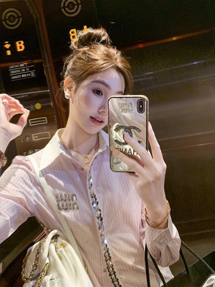 Fashion Women's Summer Contrast Lapel Sequin Striped Shirt Women's High-grade Pink Cotton Shirt Commuter Diamond-studded Top