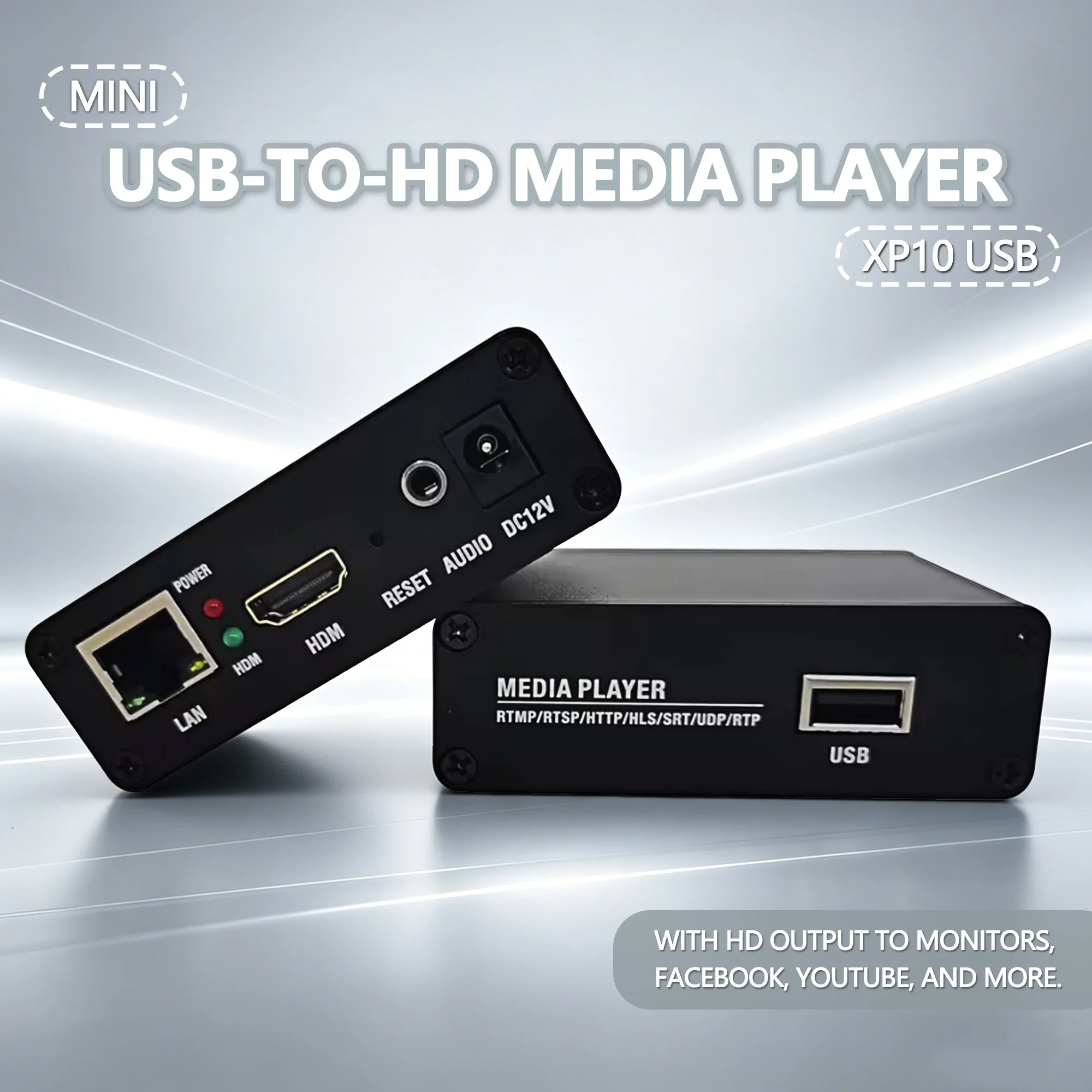 

The USB player plays MP4 files stored on a USB drive and supports RTMP, RTSP, HTTP TS, HTTP FLV, HLS, SRT, UDP, and more.