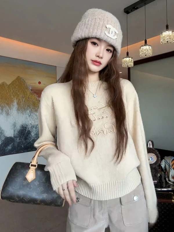 Loose Fit round Neck Knitted Sweater Women's Early Autumn New Style Lazy Style Embroidered Big Size Casual Long Sleeve Top