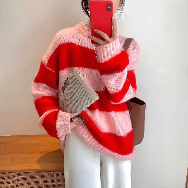 Candy Color Knitted Striped Sweater Women O Neck Long Sleeve Korean Sweet Pullover Jumpers Female Sueter Mujer Lazy Style