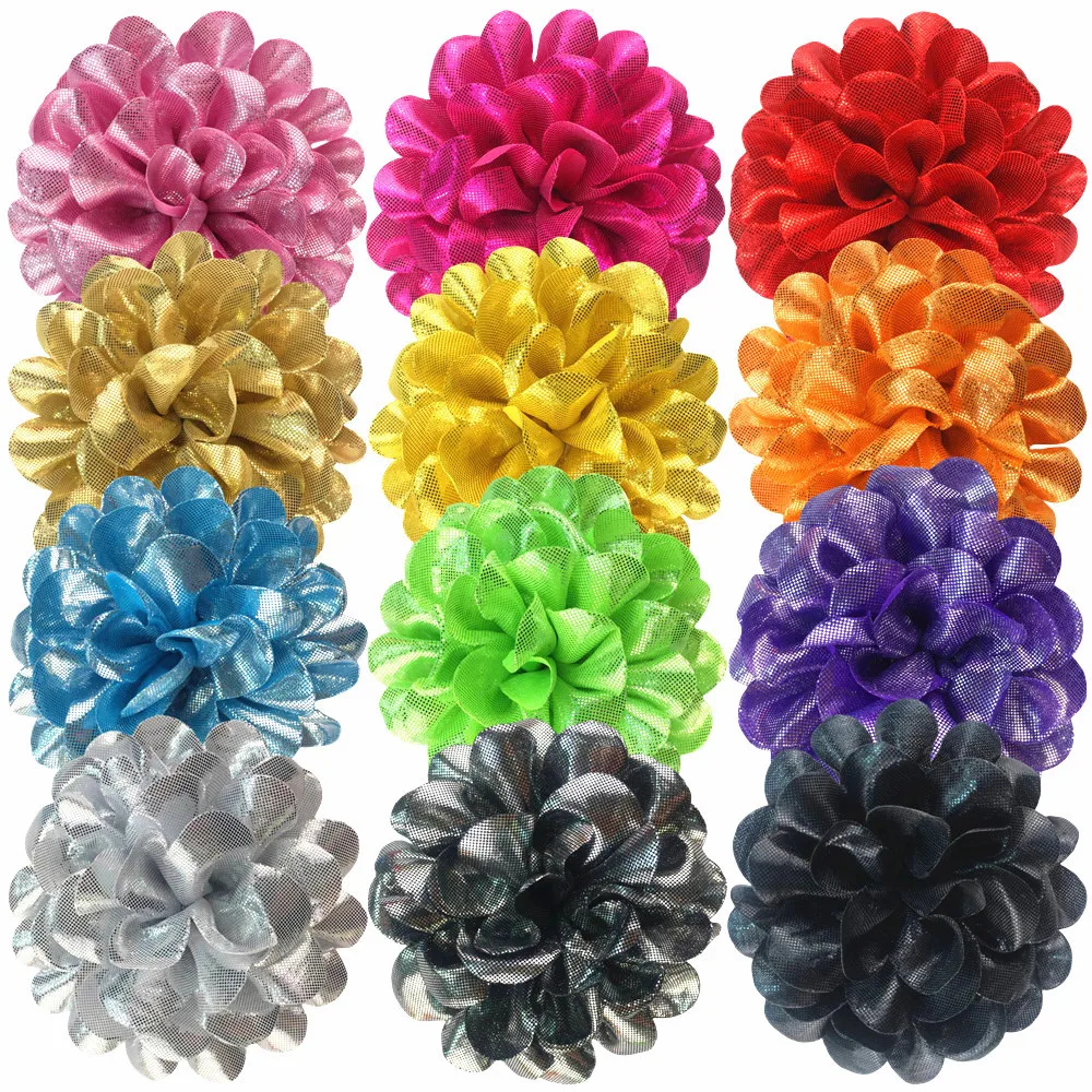 

60 PCS/lot , 3.93" Metallic Fabric Flowers, DIY Large Puff Flower For Headbands, Shoes Brooches, Flower Embellishments