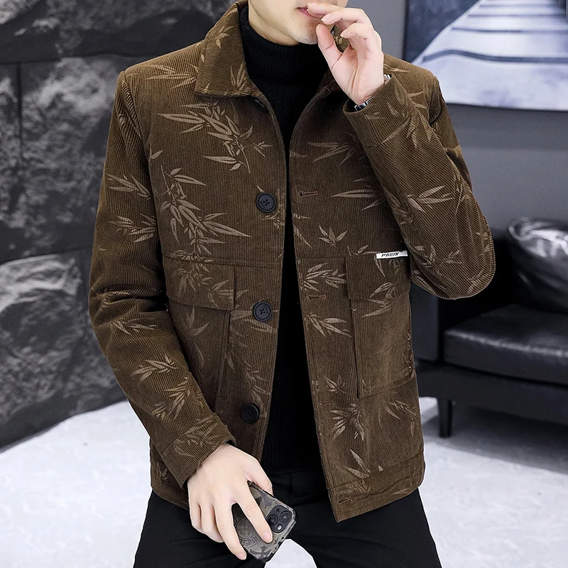 

High-quality winter Bamboo Jacquard Woolen Jackets Men Plush and Thickened Short Trench Coat Casual Business Social Overcoat