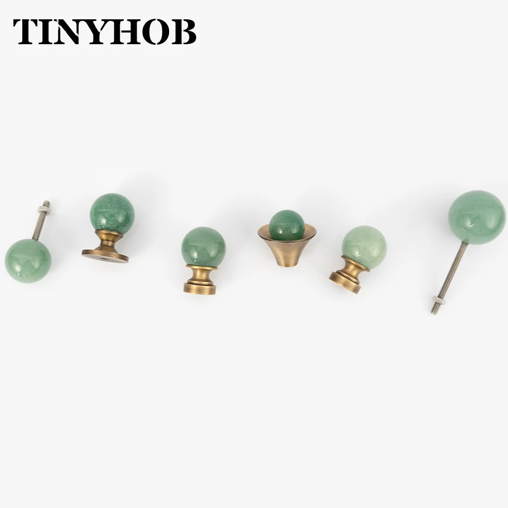 Luxury French Style Cabinet Pull TINYHOB Solid Brass Fluted Bar with Natural Green Stone Ball Knobs Furniture Drawer Hardware