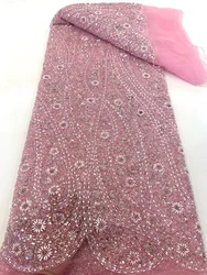 Luxurious Nigerian Handmade Beads Lace Fabric 2024 High Quality Sequins pINK Embroidery African Lace Fabric For Dresses Sewing