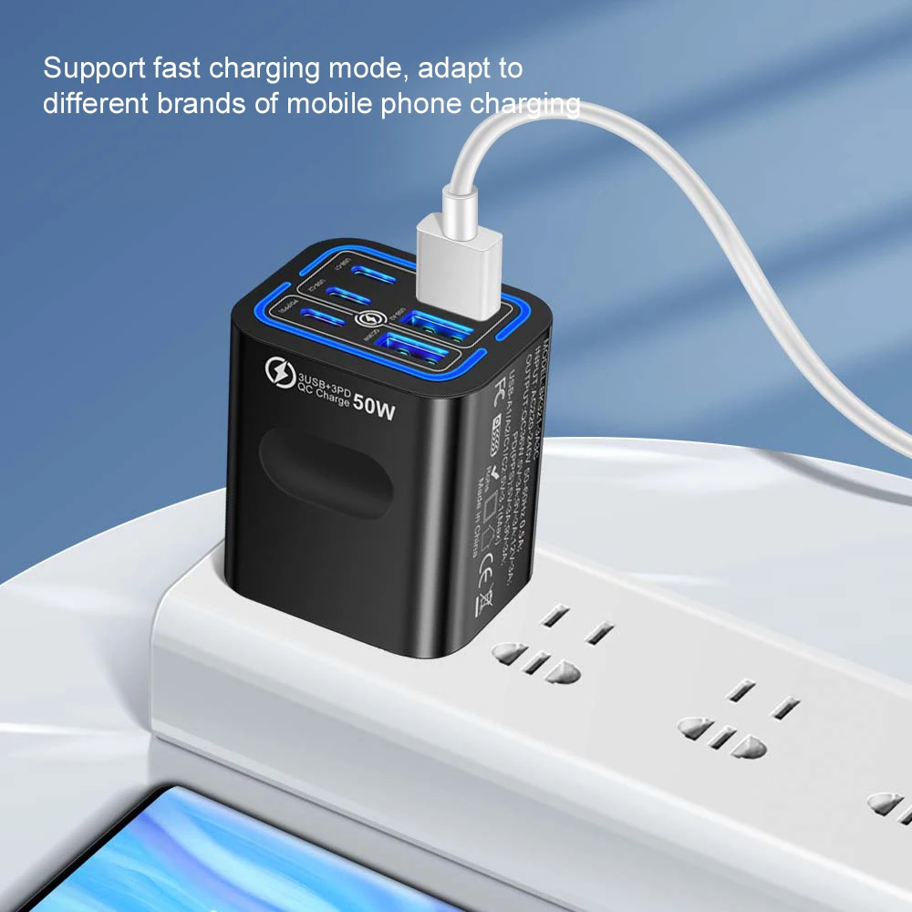 Total 100W 6 in 1 3 USB 3 Type C Charger Fast Charging EU/US/UK Plug Wall Charger For iPhone Samsung Xiaomi Huawei