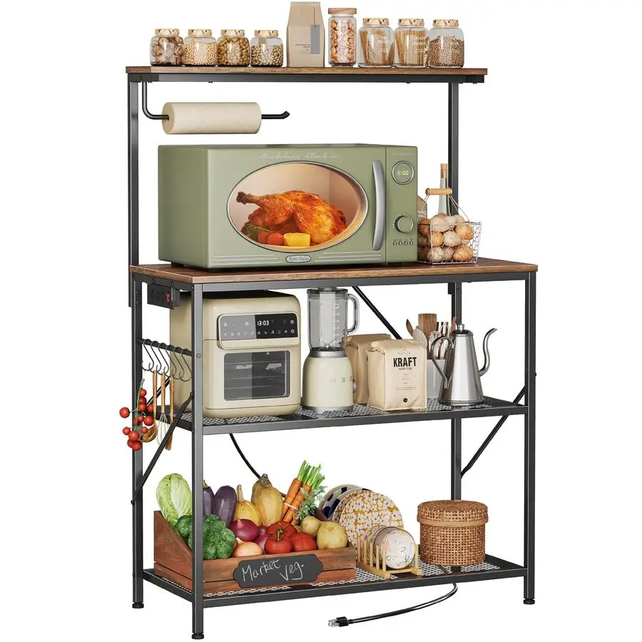 

4-уровневая стойка для пекарей с реверсивной розеткой, подставка для микроволновой печи 31,5 дюйма, кухонный кофейный бар, верхняя полка, крючки 6 S, деревенский стиль