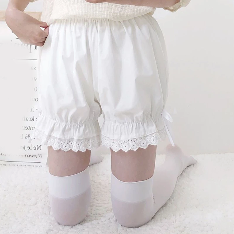 Women Vintage Victorian Gothic Bloomers Ruffled Lace Trim Lolita Pumpkin Shorts Cute Sweet Bowknot Loose Maid Security Safety Pa