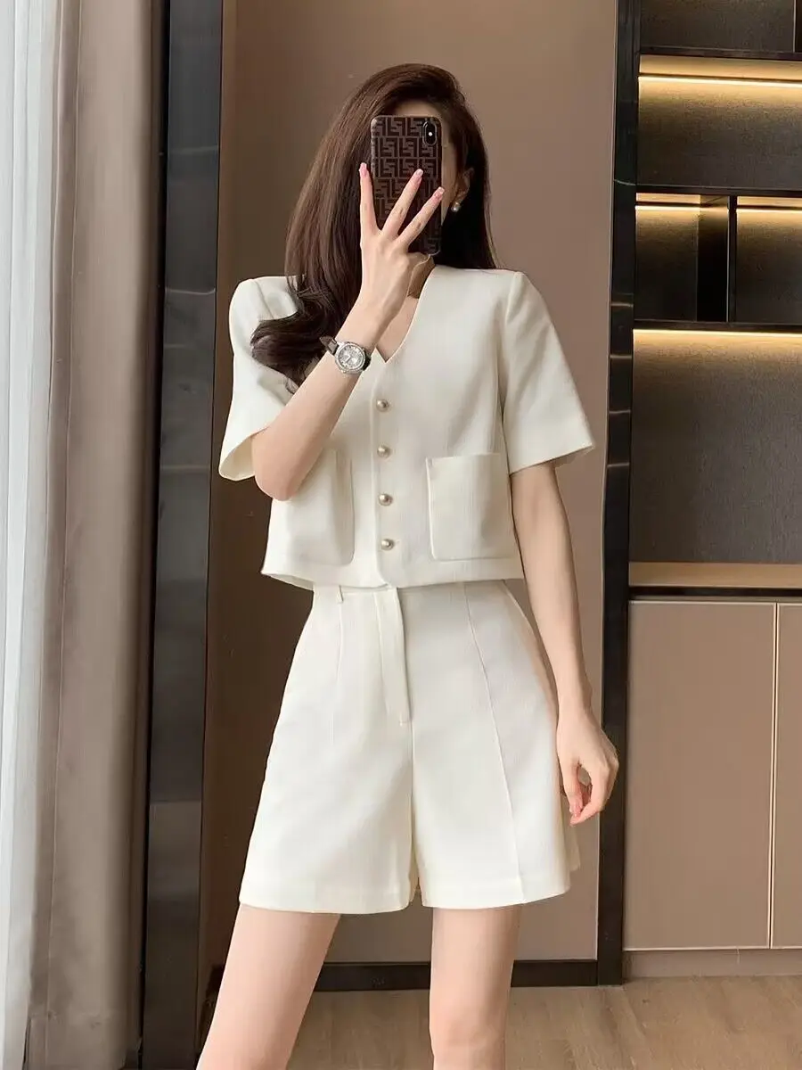 New High End Small Fragrance Summer Two Piece Sets For Women V-neck Short Sleeve Shirt Top + Wide Leg Shorts Suits Office Lady