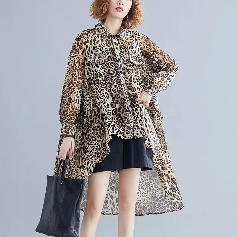 Women\'s short front and long back leopard print chiffon shirt loose and slimming thin sun protection clothing plus size