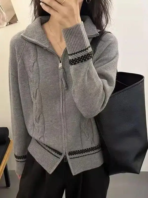 Loose Short Zipper Neck Knitwear Cardigan Women's Anti-Aging Autumn Winter American Twist Casual Flip Collar Top