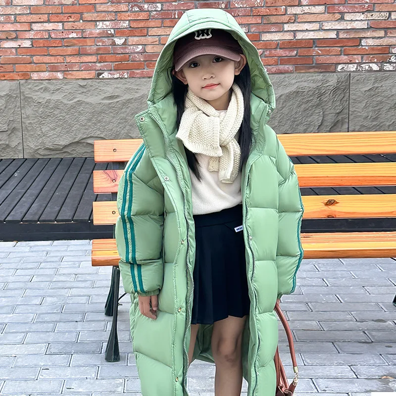 

Winter Children Girl Down Jacket Loose Solid Stripe Sleeve Toddler Girl Mid-length Snowsuit Thicken Warm Hooded Junior Children