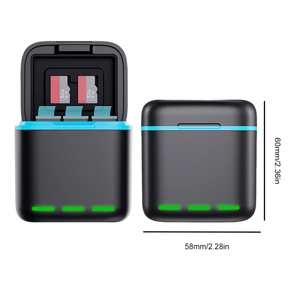 

3-канальное зарядное устройство, зарядная станция с кабелем типа C, чехол для хранения аккумуляторов, 2 слота SD для Go Pro Hero 12/11/10/9