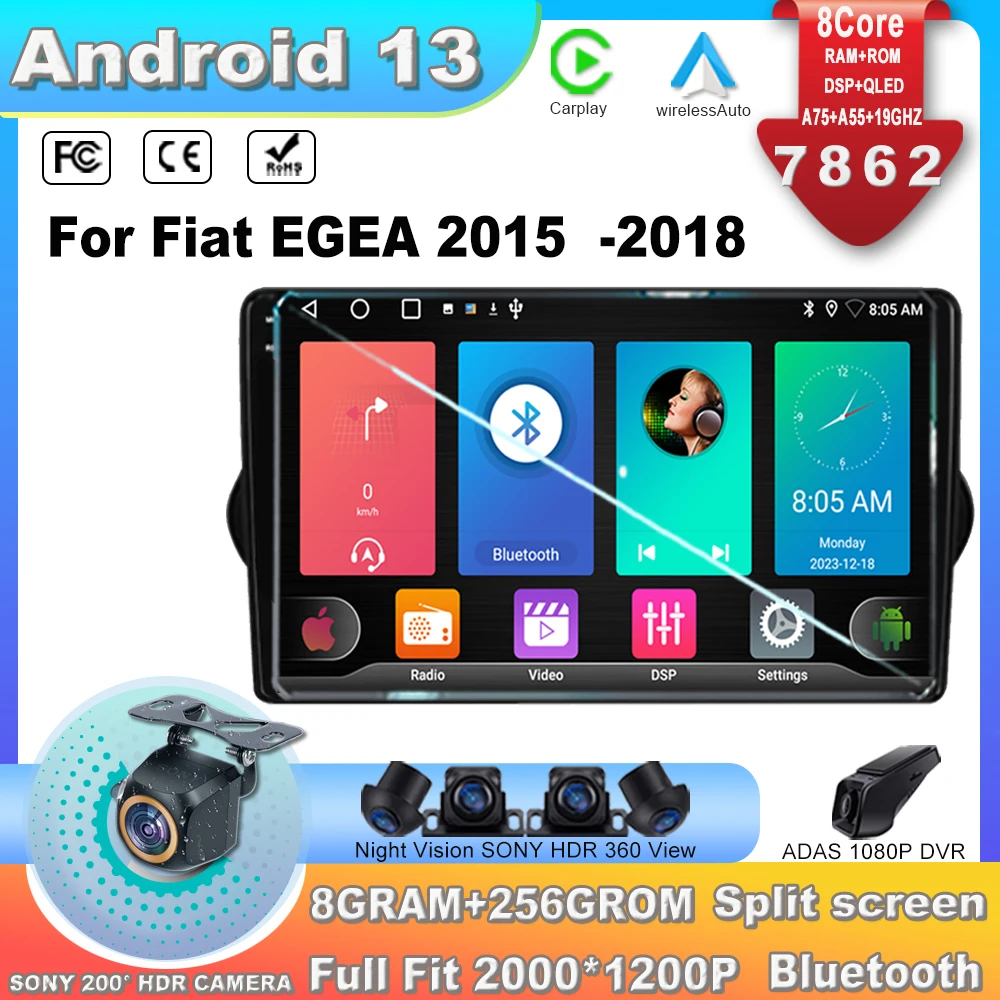 

Android 13 для Fiat EGEA 2015 -2018 автомобильное радио, мультимедийный видеоплеер, GPS-навигация, автомобильный беспроводной Carplay, 9 дюймов, головка 7862CPU