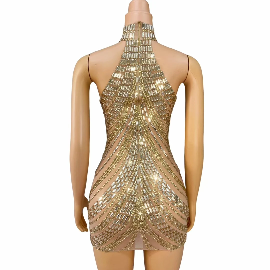 Sexy Sparkly Crystals Sheer Mesh Mini Dress Club Birthday Celebrate Party Hot Girls Chic Strapless High Collar Dress Wrap Dress