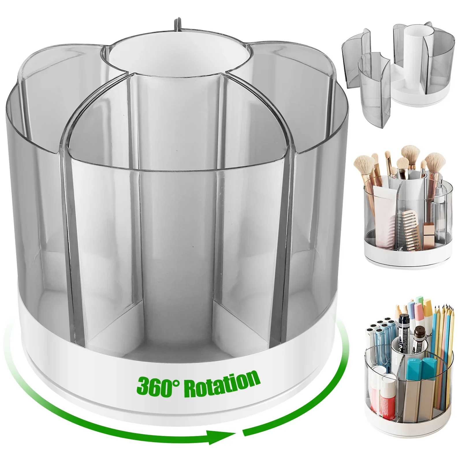 360° Rotating Pencil Organizer Large Capacity Round Desktop Storage Holder with 6 Compartments Cosmetic Brush Organizer