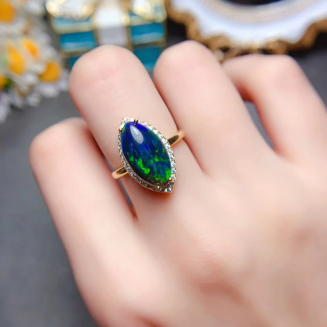 

Luxury Black Silver Ring for 8*16mm 3 Carat Dyed Natural Australia Oapl Ring for Party 18K Gold Plated Solid 925 Silver Jewelry