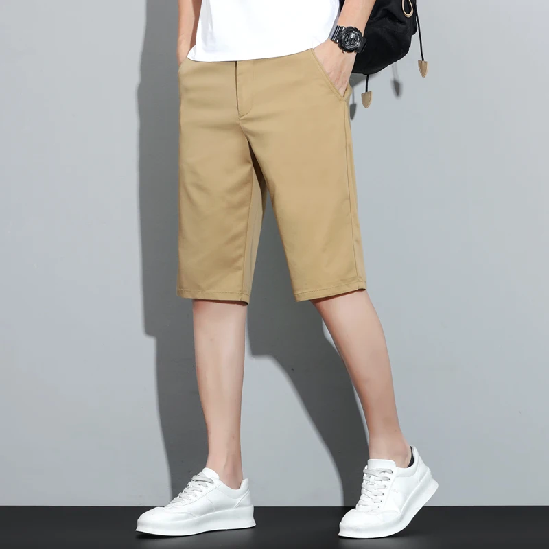 New Embroidery Casual Thin Shorts Men Summer Straight Elastic Business Fashion Short Pants Male Brand Khaki Beige Black Navy