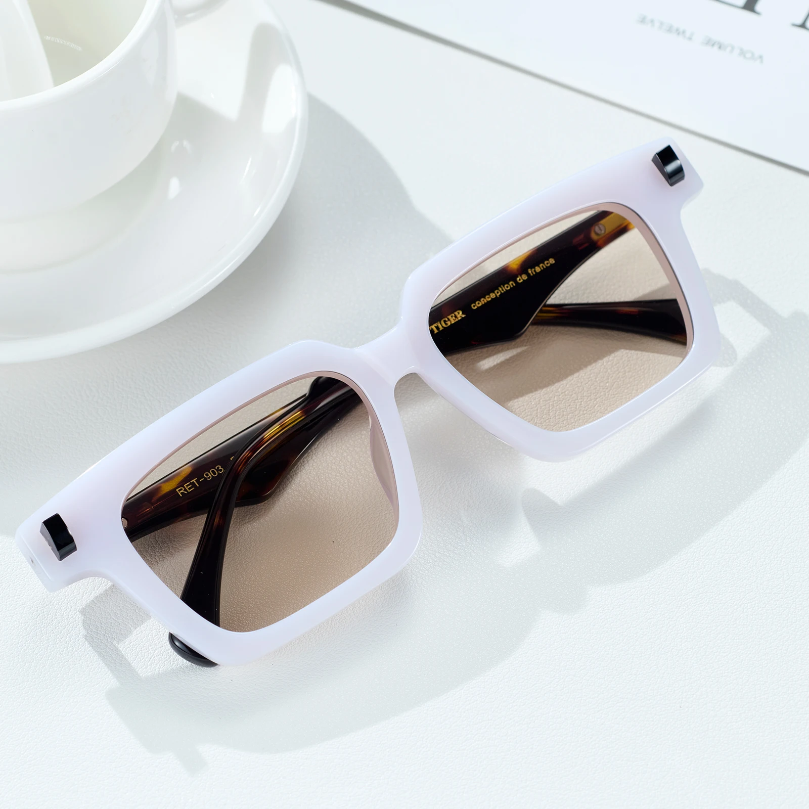 نظارات شمسية مستطيلة فاخرة من ريف تايجر للرجال، ألياف خلات بيضاء لامعة من اليشم، حماية 400 فولت، نمط مربع صغير