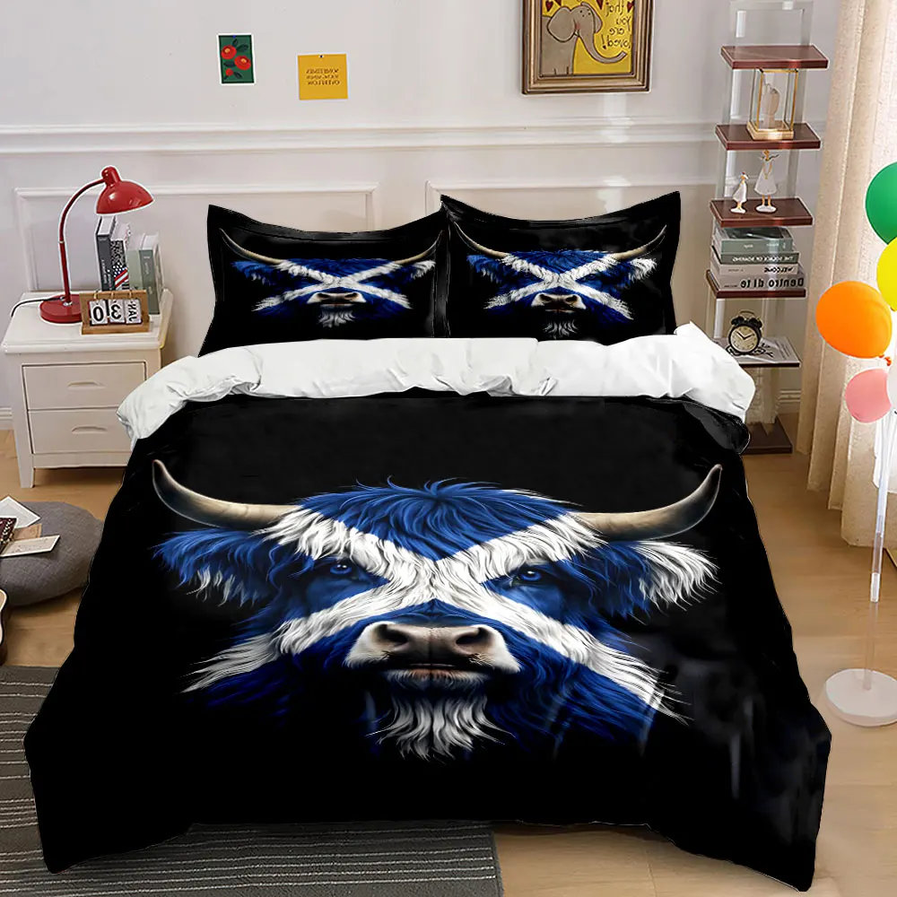 Artistic depiction of a bull with Scottish flag Print Bedding set 3PC 1 duvet cover 2 pillowcases adult children bedding set