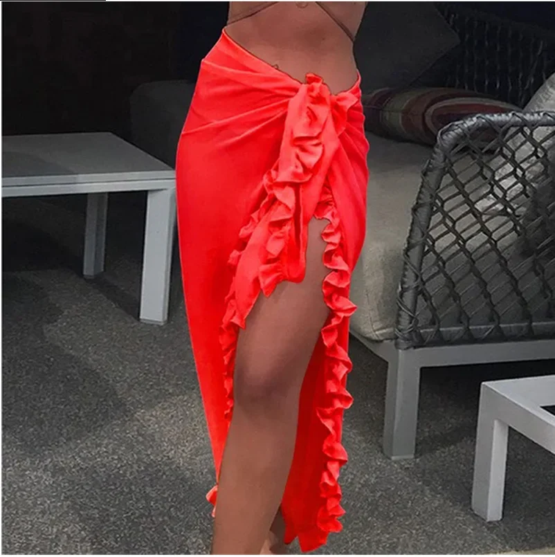 Women Chiffon See-Through Beach Bikini Cover Up Wrap Scarf Swimwear Pareo Sarong Dress Solid Ruffle Casual Beach Dress