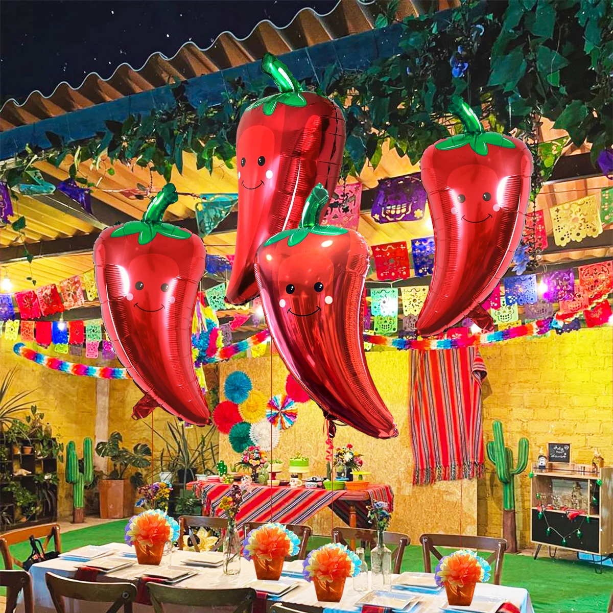 4pcs Red Chili Vegetable Fruit Theme Foil Balloons, Fruit Party Vegetable Theme Mexican Birthday Party Decoration Supplies