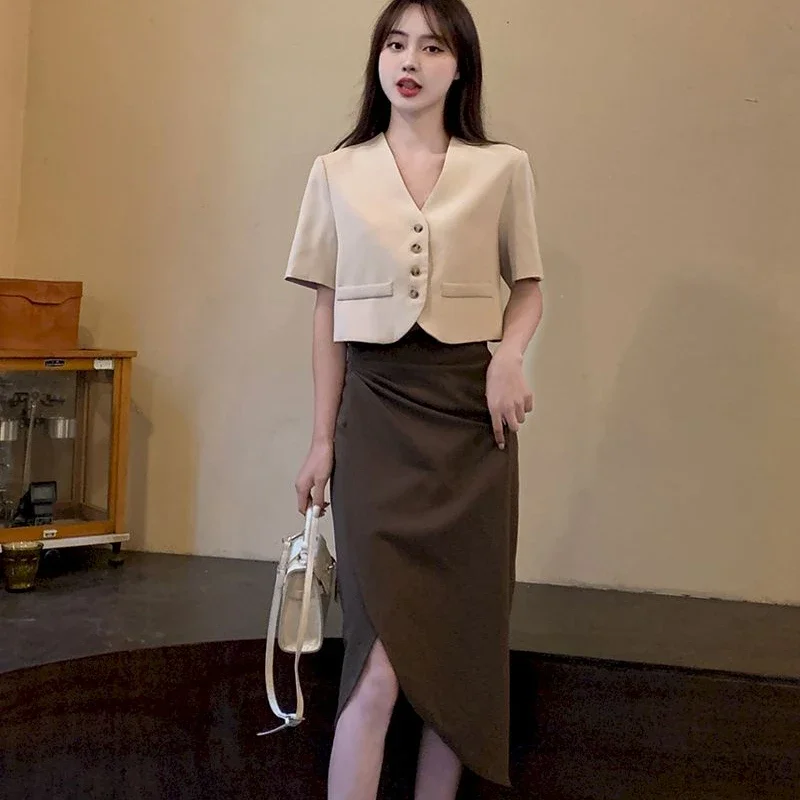 

Lnsozkdg Summer Korean Fashion Blazer Suits Vintage Short Sleeve Blazers + Hight Waist Long Skirts 2 Pieces Sets Women Office