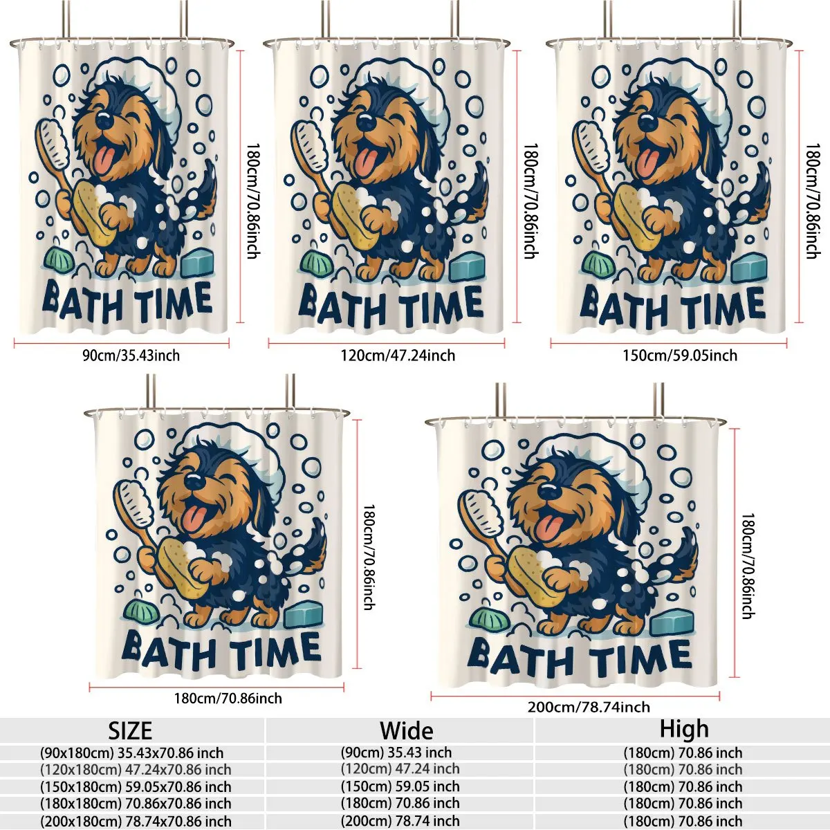 Funny Bath Time Puppy Shower Curtain Polyester Digital Printing Adorable Smiling Fluffy Dog With Shower Cap Holding Cleaning