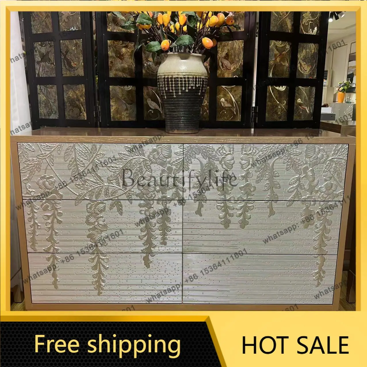 LD American retro gray double door four door entrance villa living room minimalist foyer cabinet