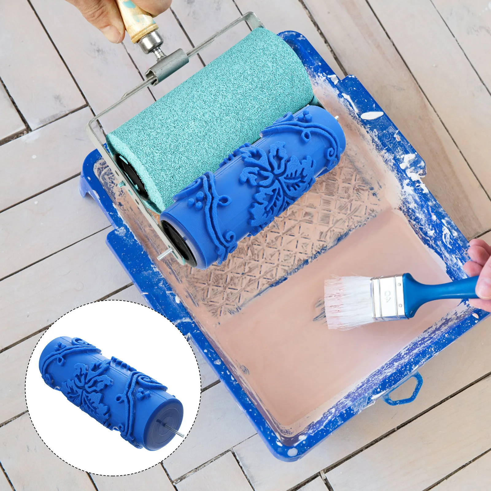 

15Cm Blue Flower Pattern Paint Roller For Wall Decoration Durable Rubber Metal Diy Painting Tool Texture Coating Wallpaper