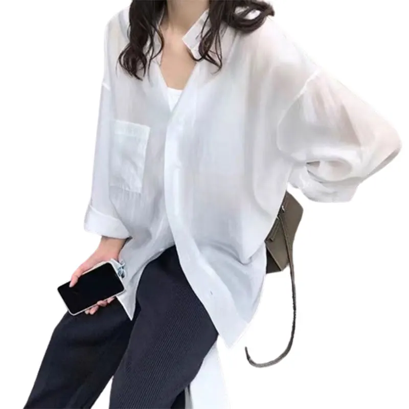 Elegant Fashion Harajuku Slim Fit Shirt Solid Button Pockets Cardigan Long Sleeve Tops Women Loose All Match Women's Clothing