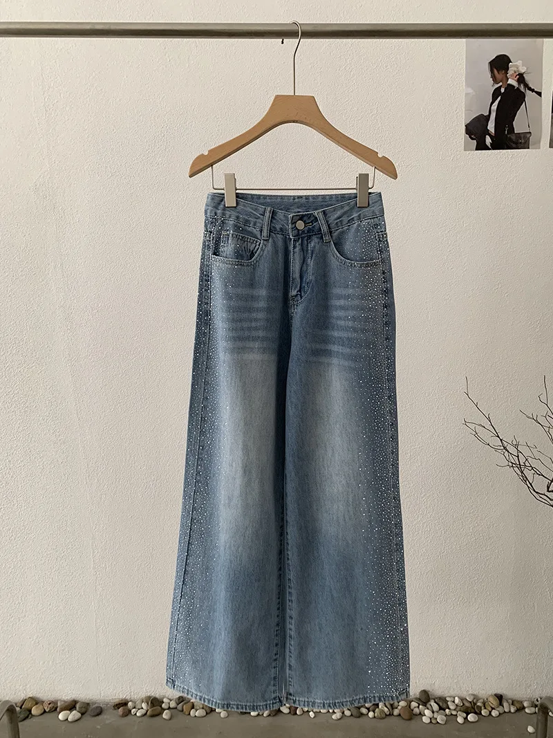 

Retro Shiny Rhinestone Wide Leg Jeans Women's Spring New Loose Casual High Waist Straight Trousers Fashion Versatile Denim Pants